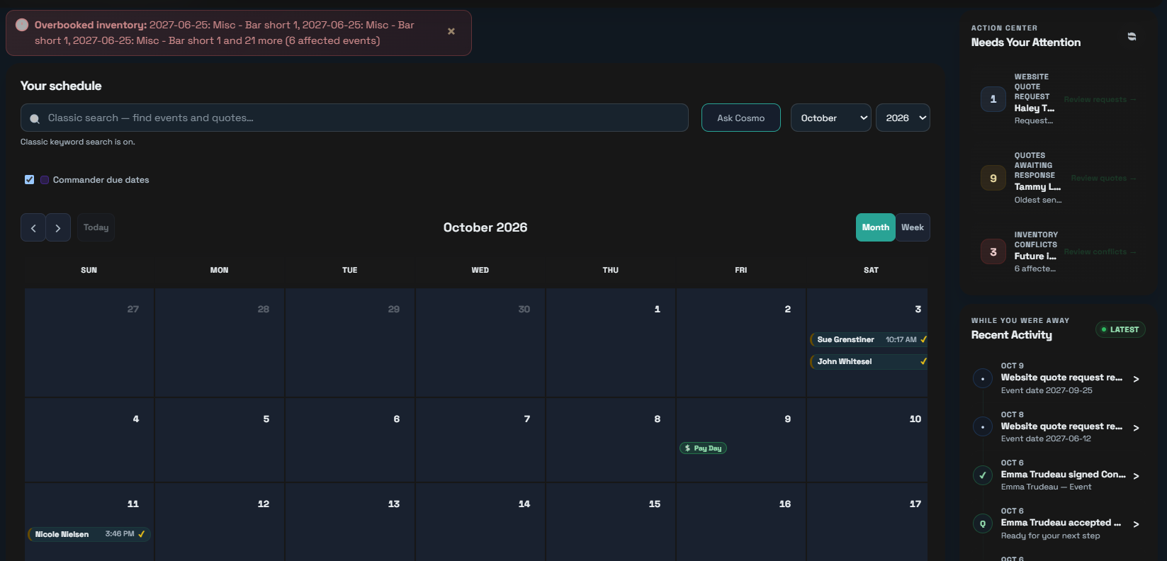 Apex Rental Pro schedule calendar with action center and recent activity