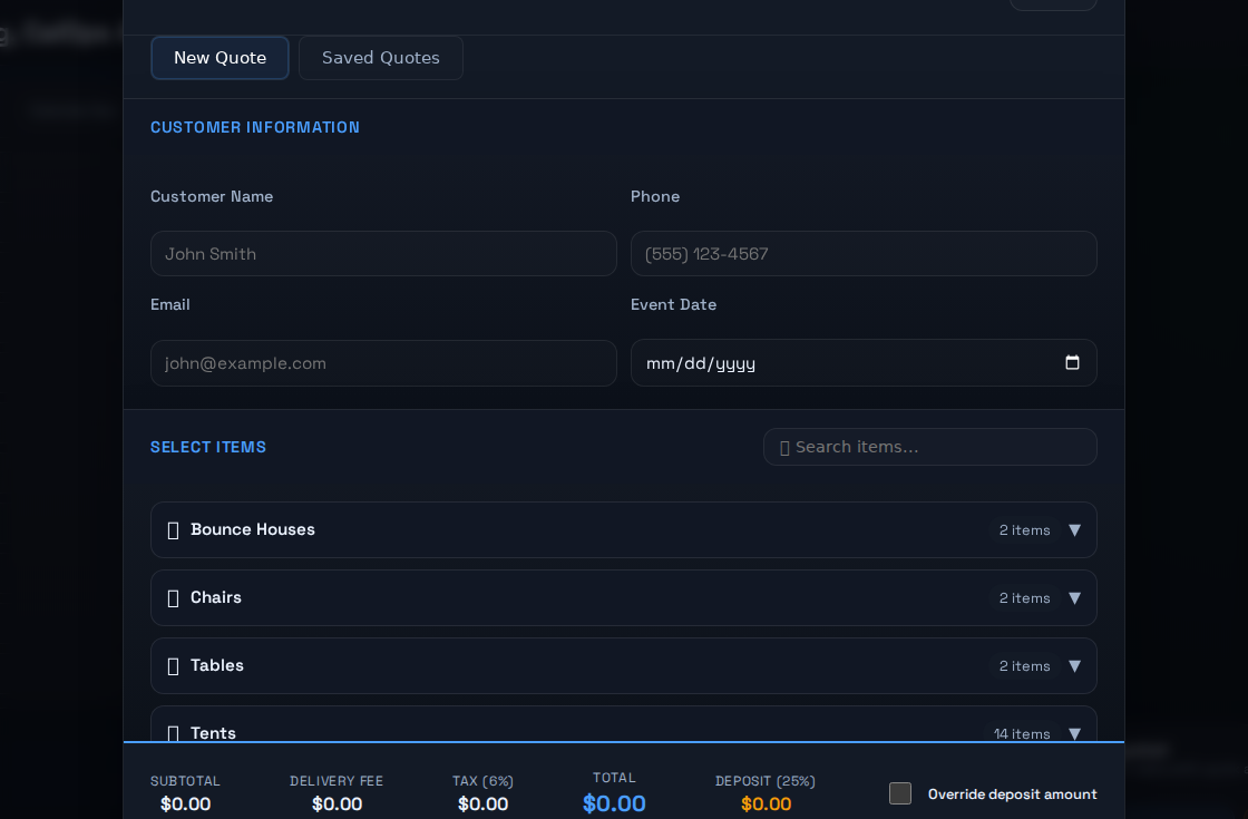 Apex Rental Pro rental quote builder with customer and inventory details