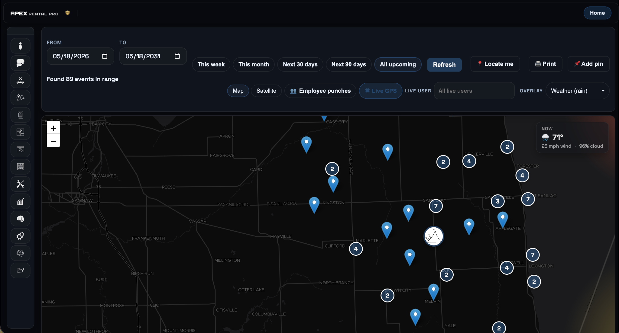 Apex Rental Pro map view for lawn care route planning and field crews